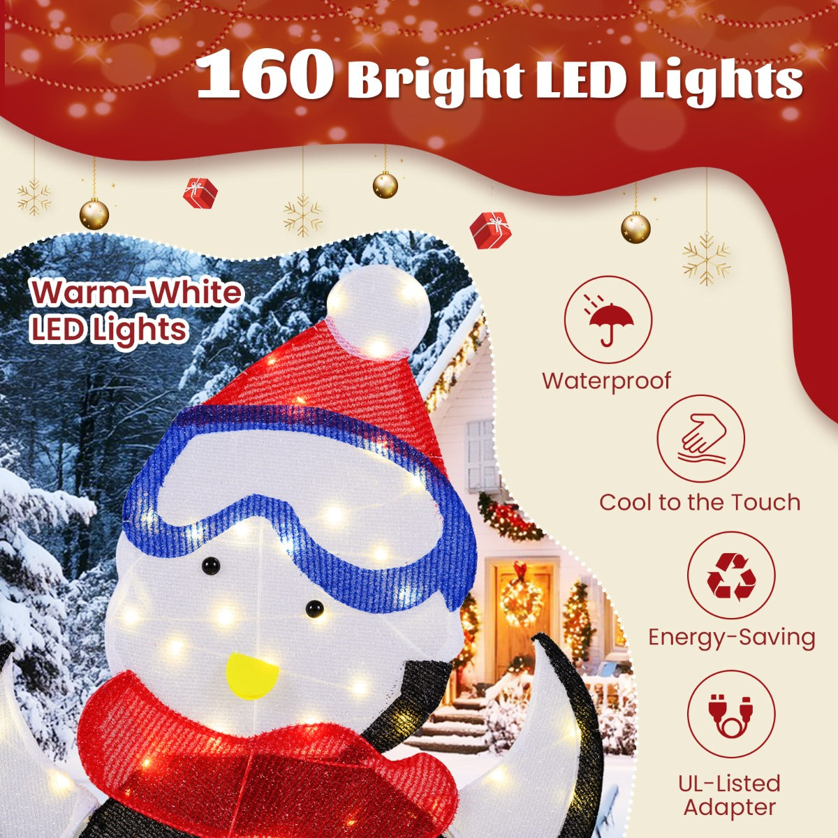 Livsk costway kerstversiering met oplichtende pinguinfamilie 2d 3 delige pinguinset met 160 leds kerstversiering voor binnen en buiten 2