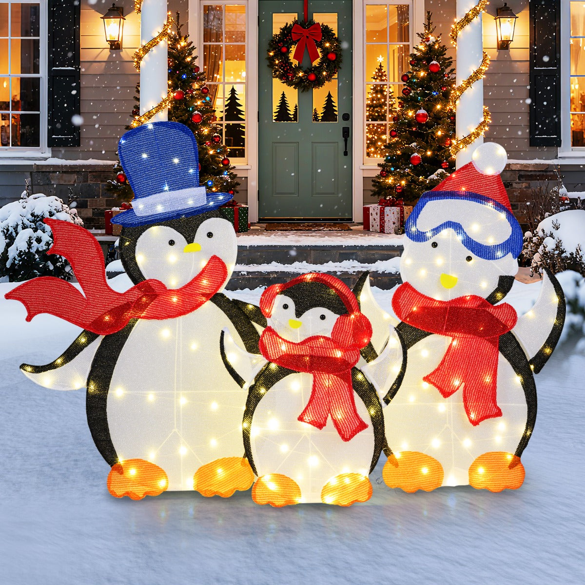 Livsk costway kerstversiering met oplichtende pinguinfamilie 2d 3 delige pinguinset met 160 leds kerstversiering voor binnen en buiten 6