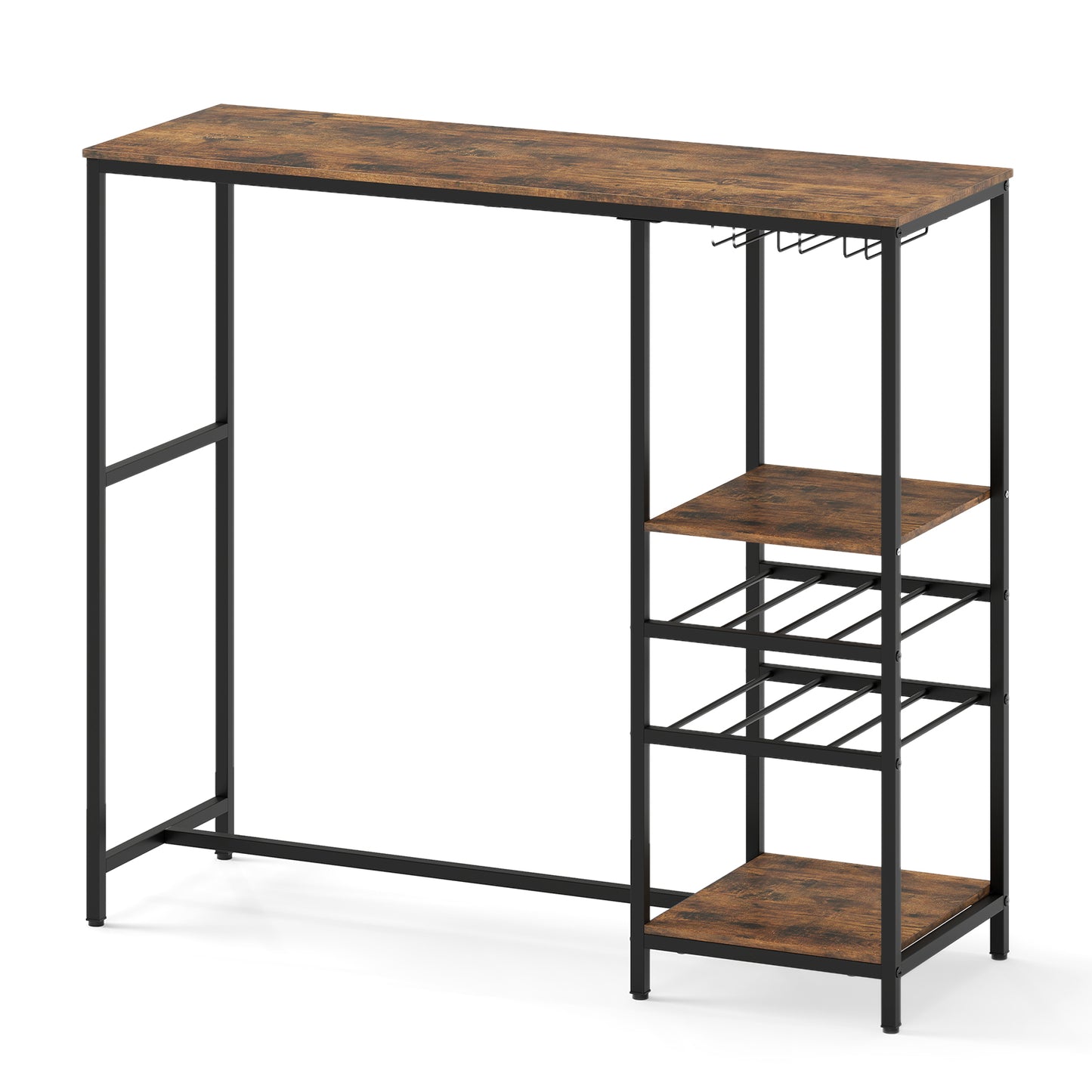 LIVSK Bartafel met Opbergvakken - Wijnrekken en Glazenhouders - Duurzaam Metalen Frame - Tot 86 kg - Rustiek bruin + zwart