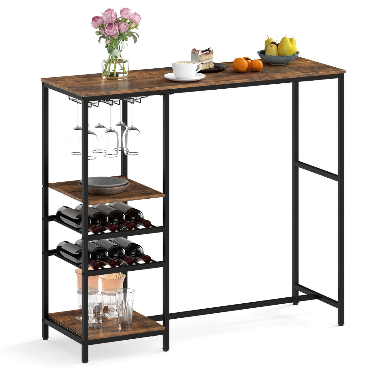 LIVSK Bartafel met Opbergvakken - Wijnrekken en Glazenhouders - Duurzaam Metalen Frame - Tot 86 kg - Rustiek bruin + zwart