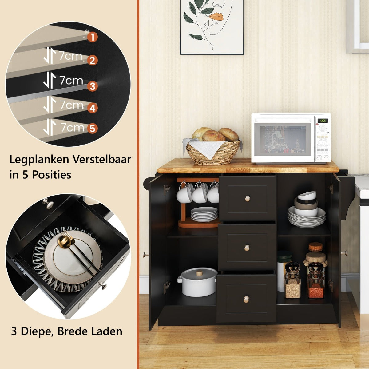 Livsk costway keuken dressoir 5 verborgen wielen 2 kasten 3 lades handdoekhouder kruidenrekje 127 x 46 x 91 cm l x b x h 2