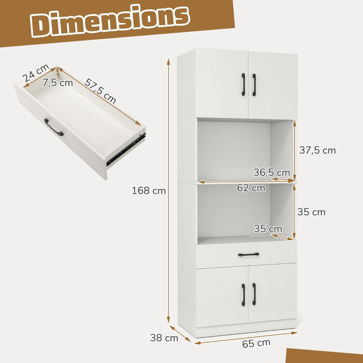 LIVSK Voorraadkast met Oplaadstation - 2 Stopcontacten en USB-poort - 2 Opbergkasten en Open Planken - 65 x 38 x 168 cm - Wit