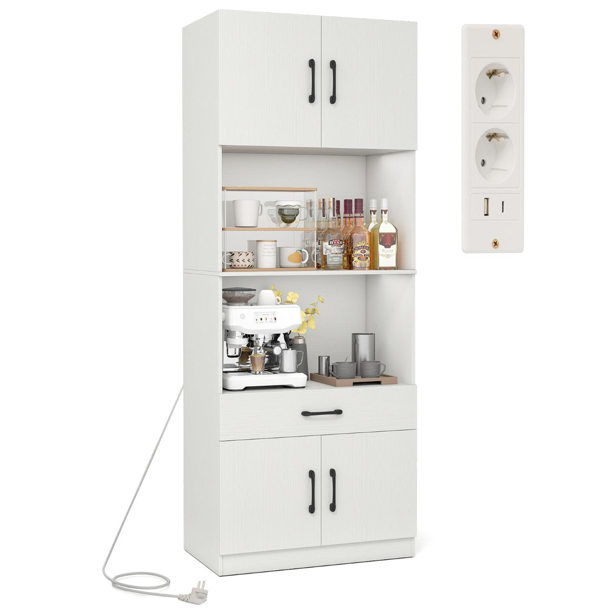 LIVSK Voorraadkast met Oplaadstation - 2 Stopcontacten en USB-poort - 2 Opbergkasten en Open Planken - 65 x 38 x 168 cm - Wit