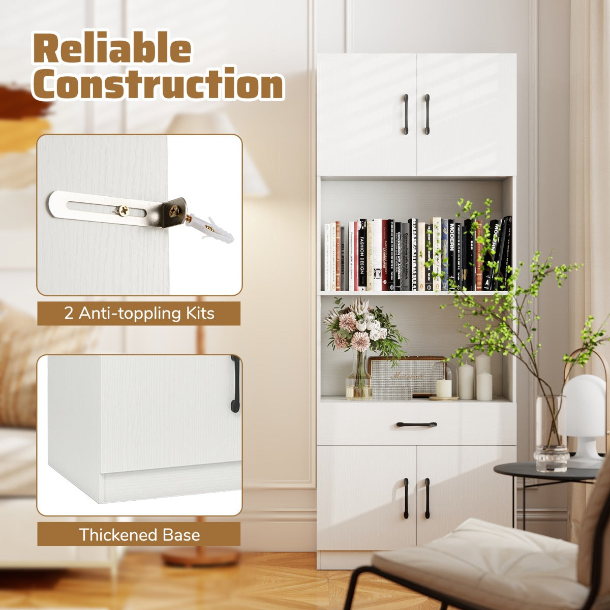 LIVSK Voorraadkast met Oplaadstation - 2 Stopcontacten en USB-poort - 2 Opbergkasten en Open Planken - 65 x 38 x 168 cm - Wit