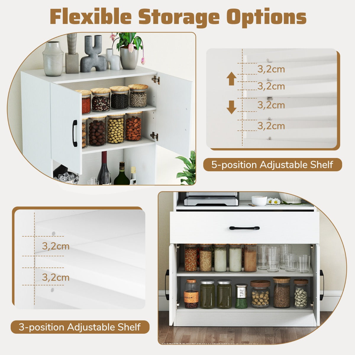 LIVSK Voorraadkast met Oplaadstation - 2 Stopcontacten en USB-poort - 2 Opbergkasten en Open Planken - 65 x 38 x 168 cm - Wit