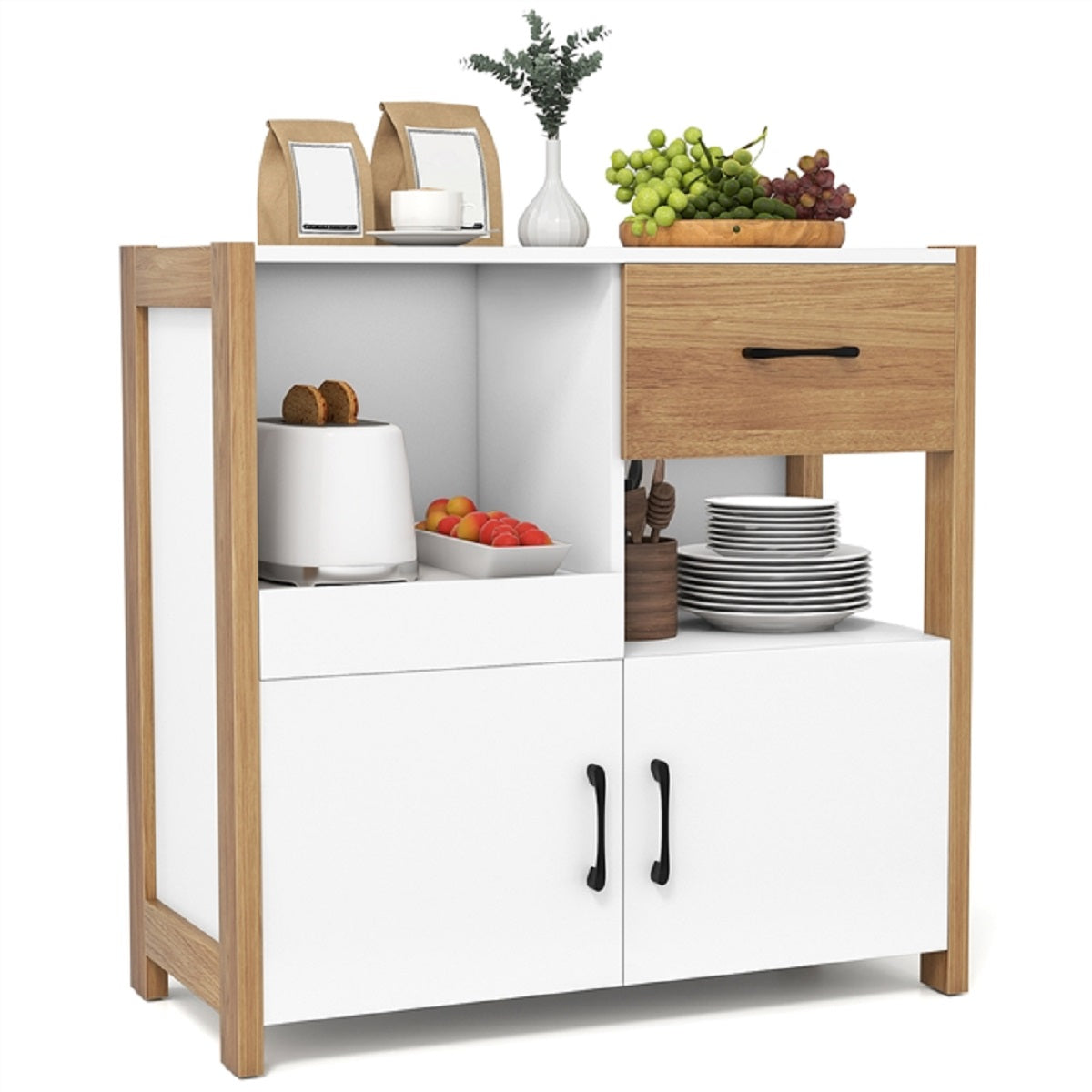 LIVSK Vitrinekast Koffiebar - Moderne Boerderijlook - Uitschuifplank - 2 Deuren - Antislip Voetpads - 80 x 31,5 x 82 cm - Wit