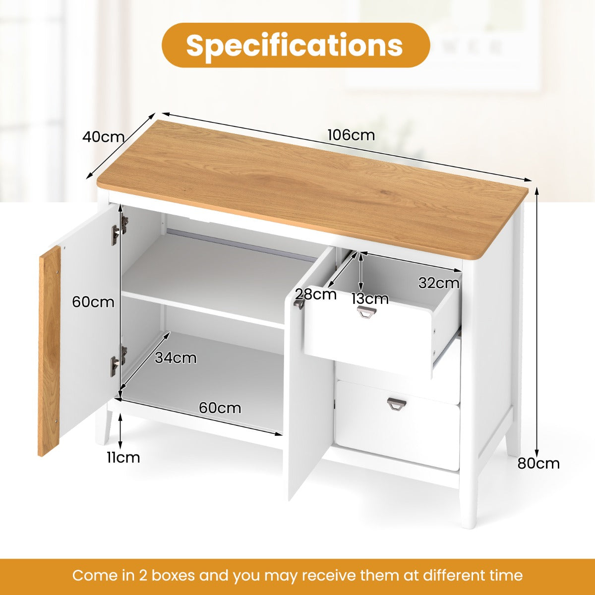 LIVSK Buffetkast met 3 Lades en 2 Deuren - Verstelbare Plank - Duurzaam Design - Veelzijdig Gebruik - 106 x 40 x 80 cm - Wit