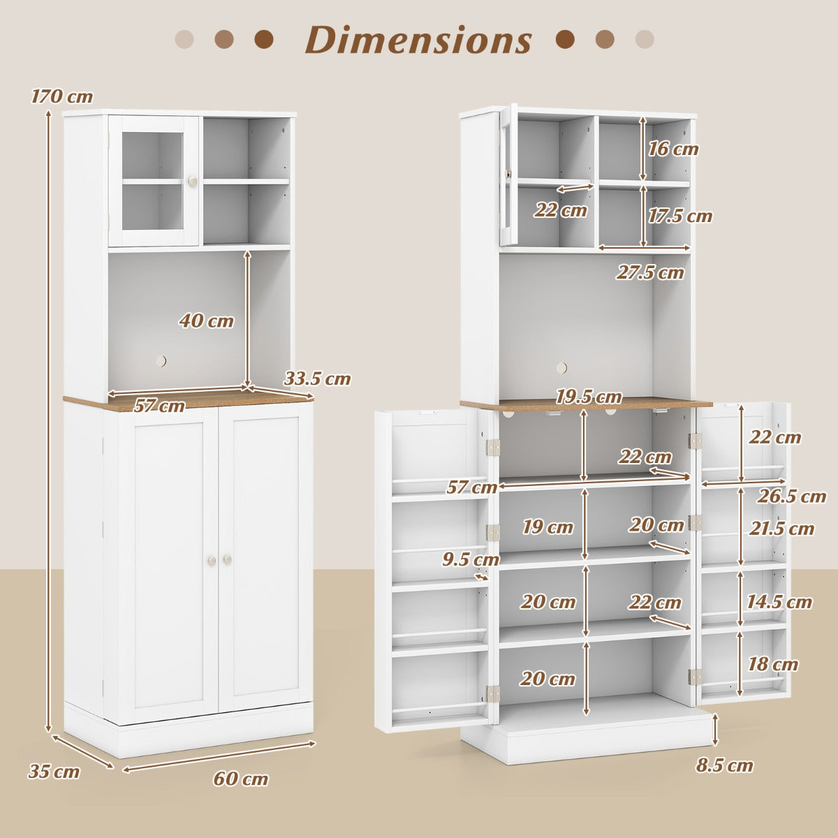 LIVSK Keuken Voorraadkast - 8 Deurtjes - Verstelbare Planken - Magnetronrek - Modern Design - Wit & Natuurlijk