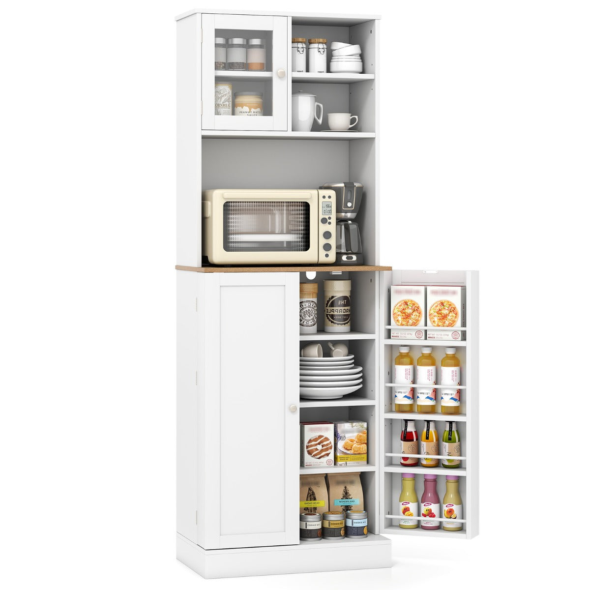 LIVSK Keuken Voorraadkast - 8 Deurtjes - Verstelbare Planken - Magnetronrek - Modern Design - Wit & Natuurlijk