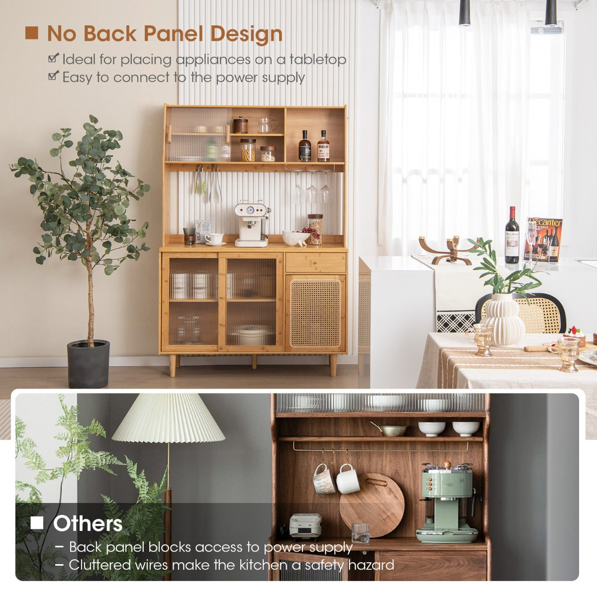 LIVSK Buffetkast met Schuifdeur en Glashouder - 5 Opbergvakken - Ruim Werkblad - Bamboe en Gehard Glas - 120 x 35 x 175 cm -