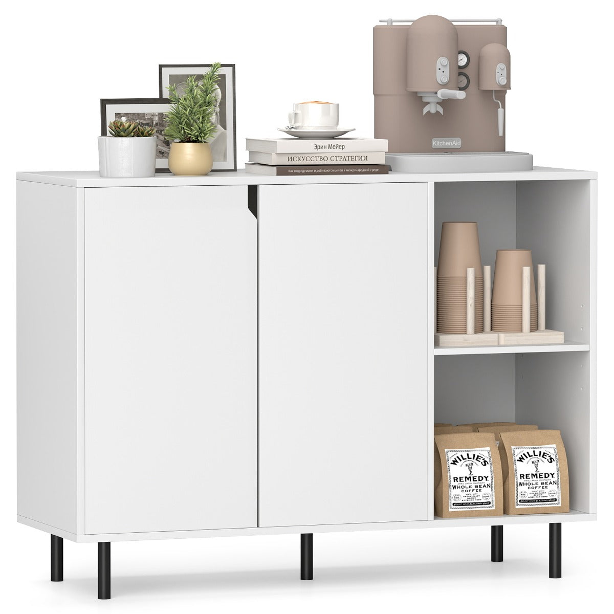 Livsk costway keukenbuffet modern houten buffet met 2 deuren verstelbare planken metalen poten en 2 open vakken opbergconsole voor eetkamer
