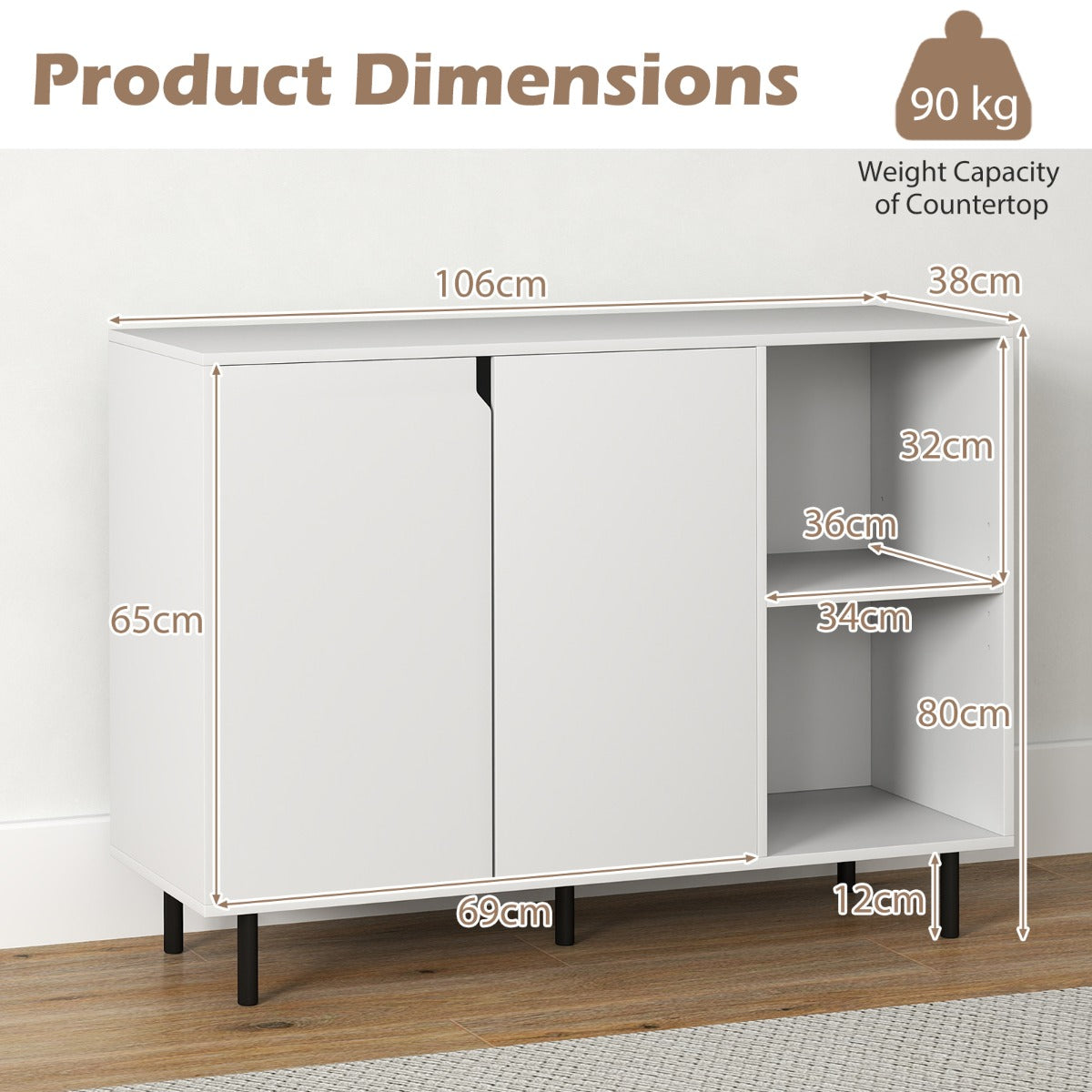 Livsk costway keukenbuffet modern houten buffet met 2 deuren verstelbare planken metalen poten en 2 open vakken opbergconsole voor eetkamer 2