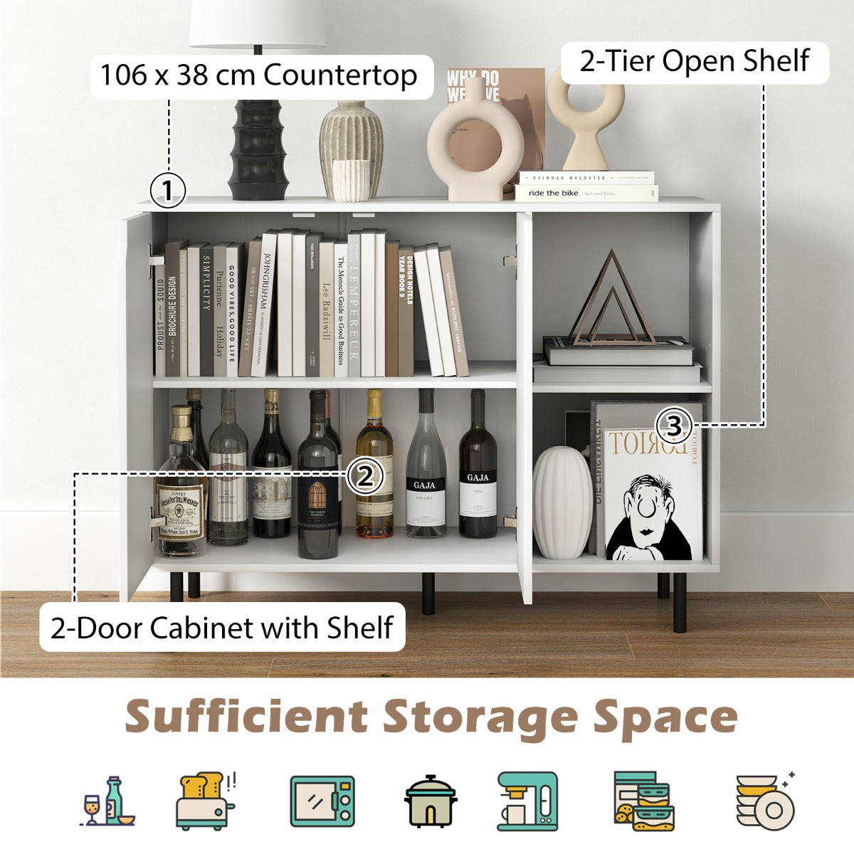 Livsk costway keukenbuffet modern houten buffet met 2 deuren verstelbare planken metalen poten en 2 open vakken opbergconsole voor eetkamer 3