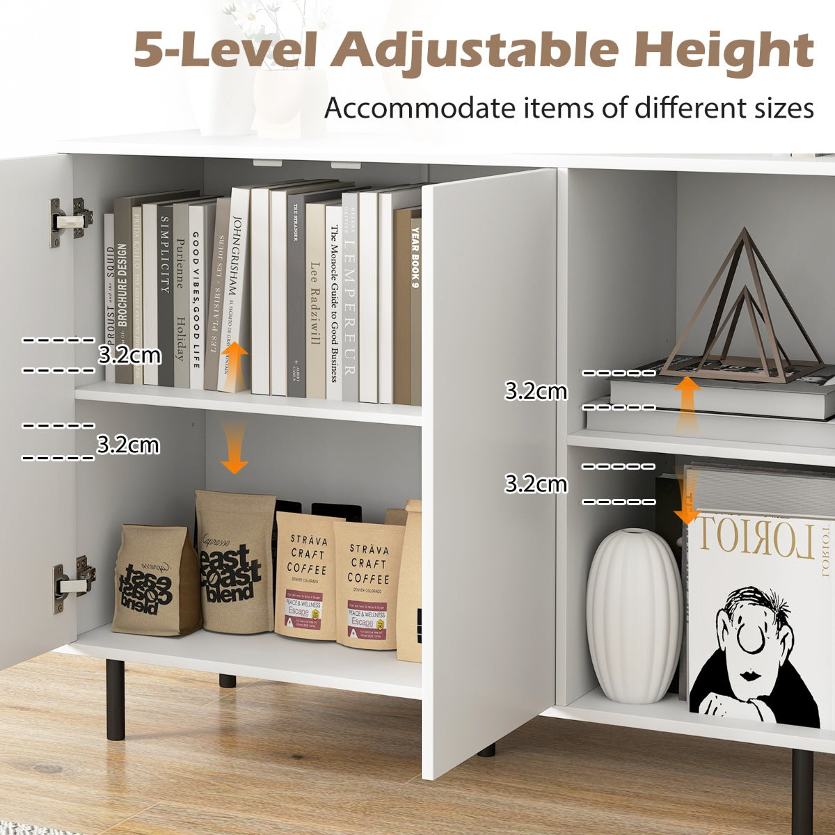 Livsk costway keukenbuffet modern houten buffet met 2 deuren verstelbare planken metalen poten en 2 open vakken opbergconsole voor eetkamer 4