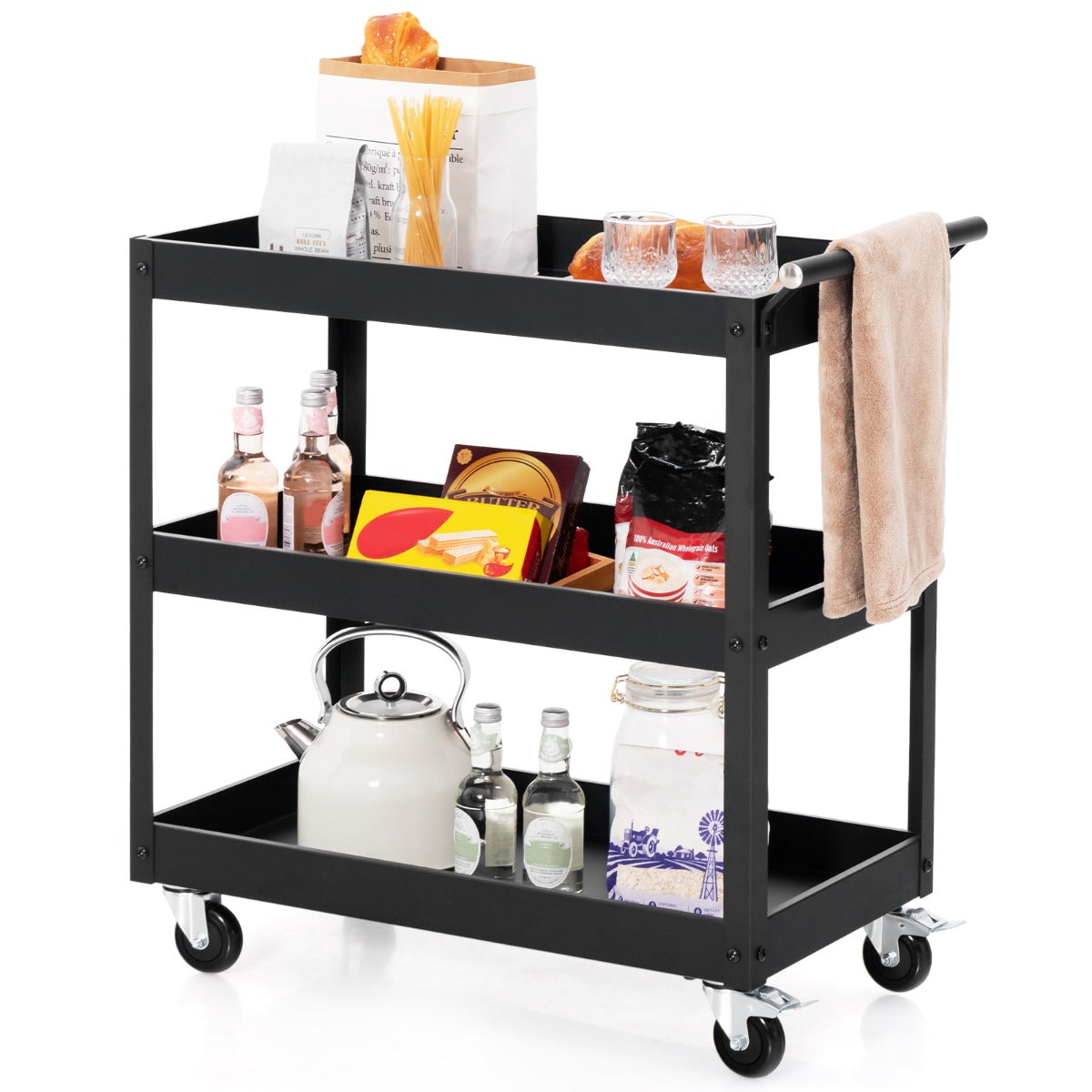 LIVSK Serveerwagen met 3 Etages - Ergonomische Handgreep - 4 Universele Wielen - Draagvermogen 25 kg - Zwart