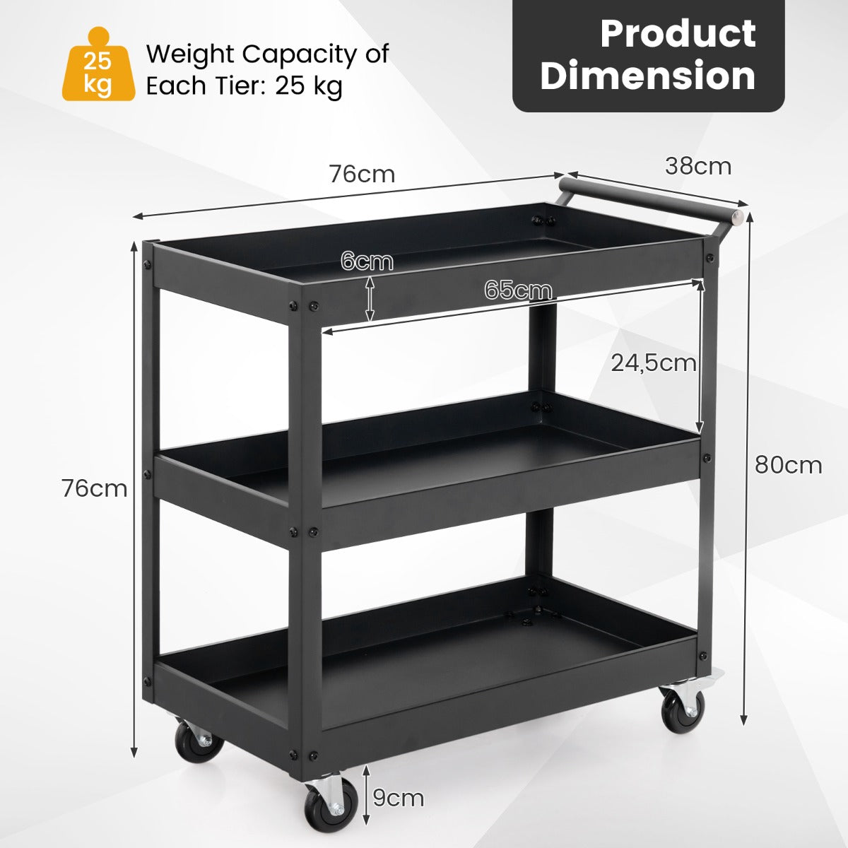 LIVSK Serveerwagen met 3 Etages - Ergonomische Handgreep - 4 Universele Wielen - Draagvermogen 25 kg - Zwart