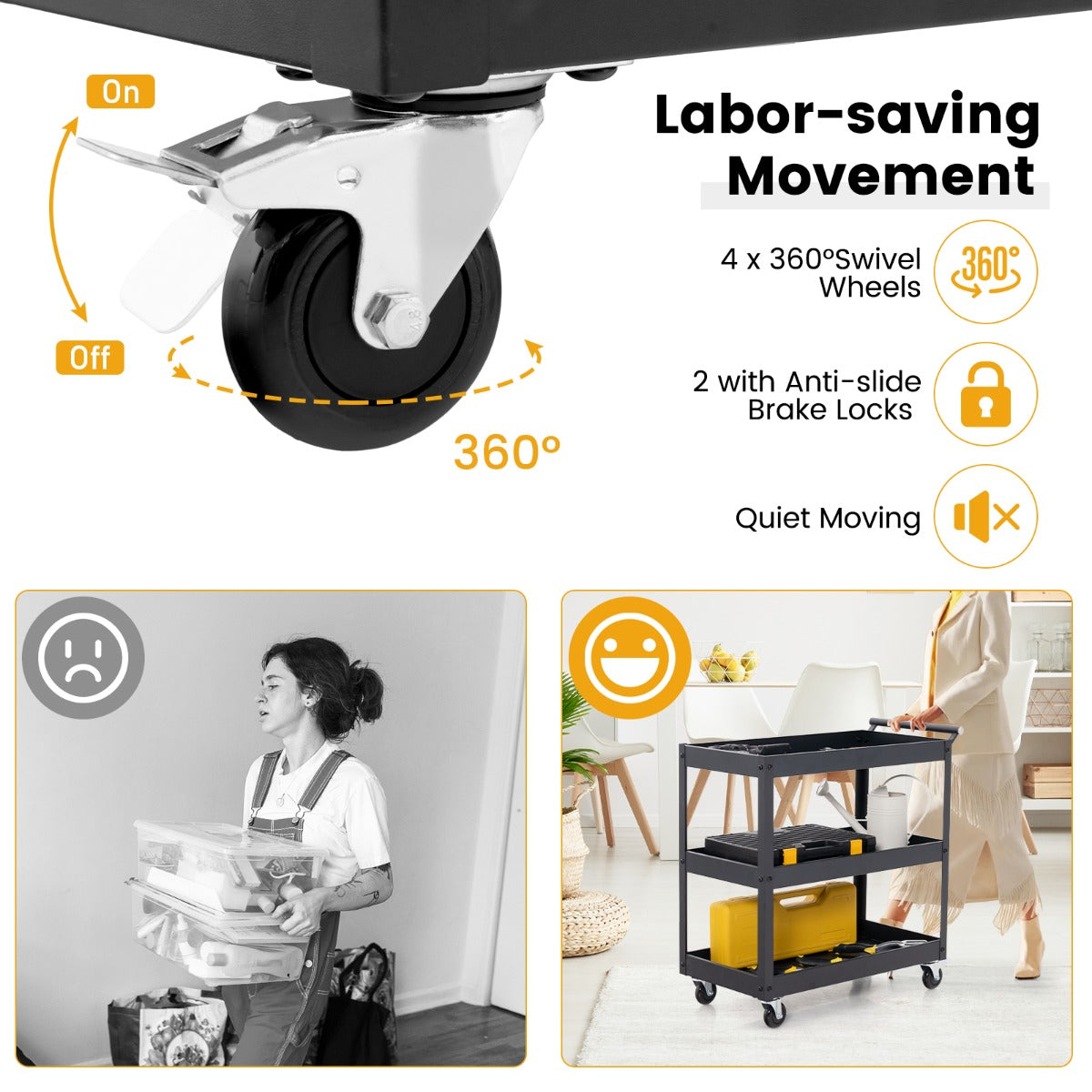 LIVSK Serveerwagen met 3 Etages - Ergonomische Handgreep - 4 Universele Wielen - Draagvermogen 25 kg - Zwart