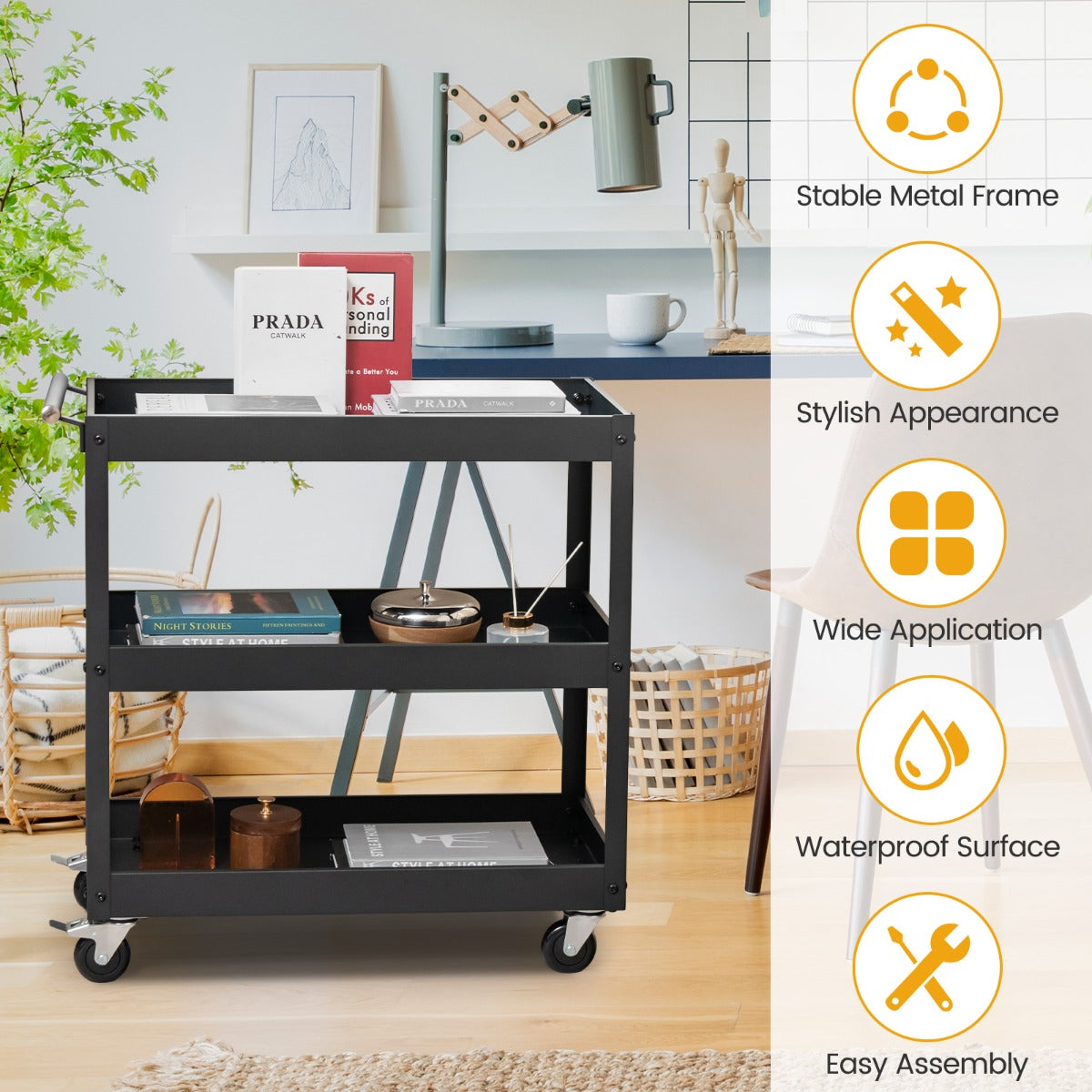 LIVSK Serveerwagen met 3 Etages - Ergonomische Handgreep - 4 Universele Wielen - Draagvermogen 25 kg - Zwart