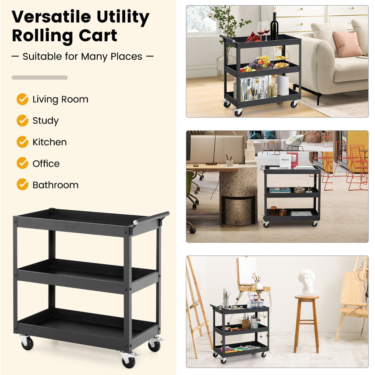 LIVSK Serveerwagen met 3 Etages - Ergonomische Handgreep - 4 Universele Wielen - Draagvermogen 25 kg - Zwart