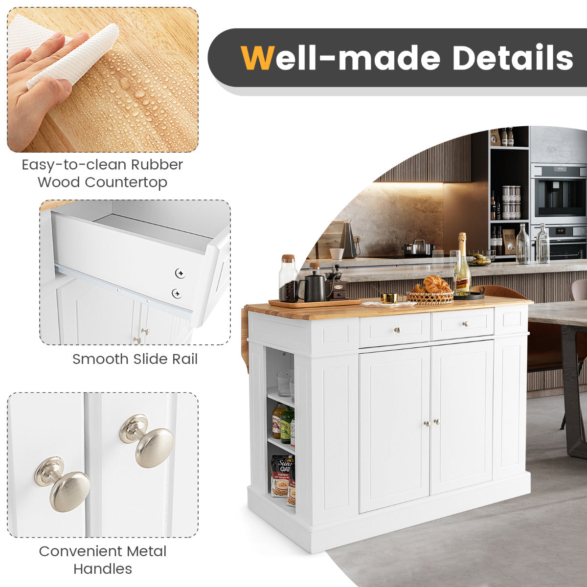 LIVSK Keukentafel met Inklapbaar Werkblad - Verstelbare Planken - Handige Laden en Kast - 120 x 61 x 92 cm - Wit