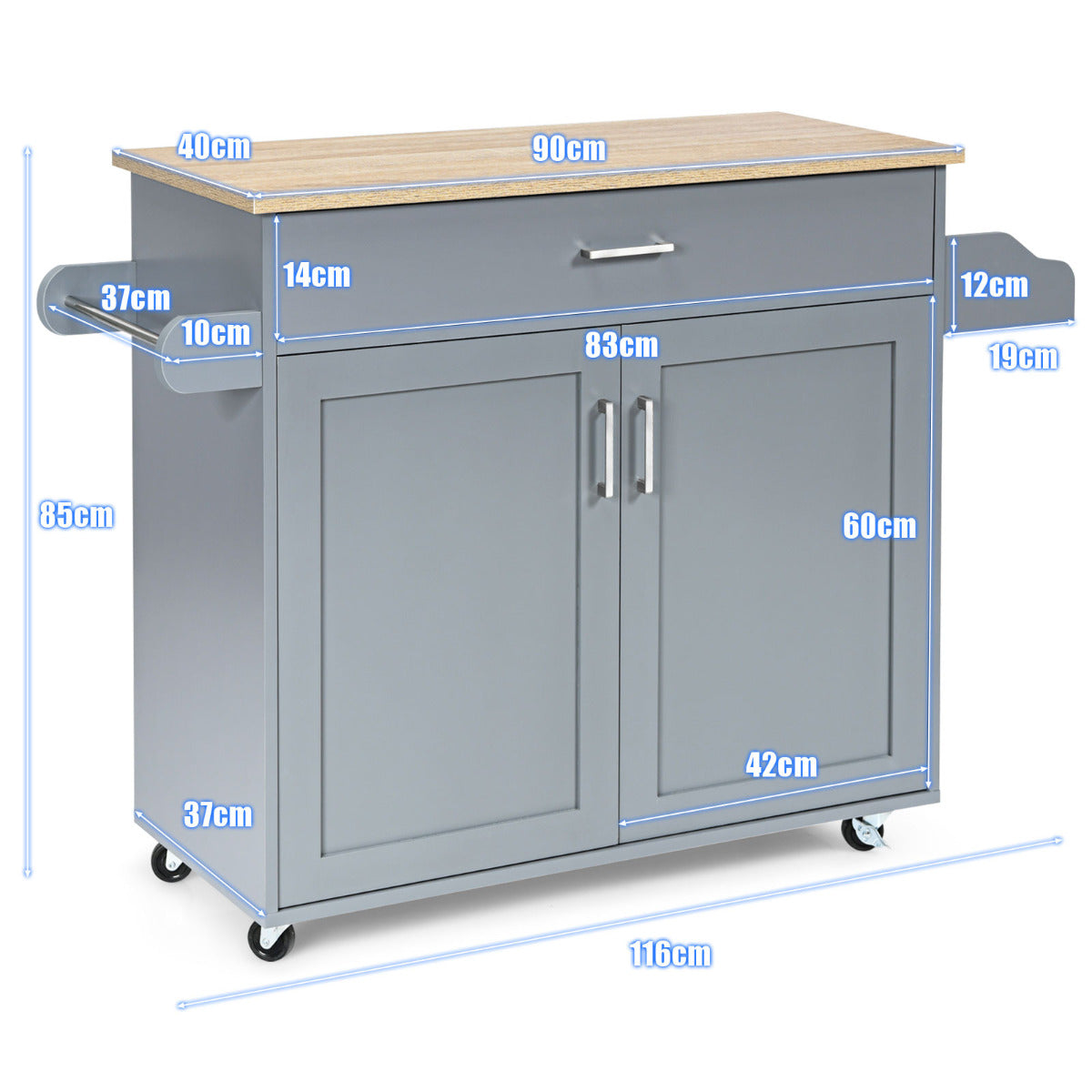 LIVSK Rollende Keukentrolley - Ruim Aanrechtblad - Verstelbare Plank - Handdoekrek - Zwenkwielen met Rem - 116 x 40 x 85 cm -