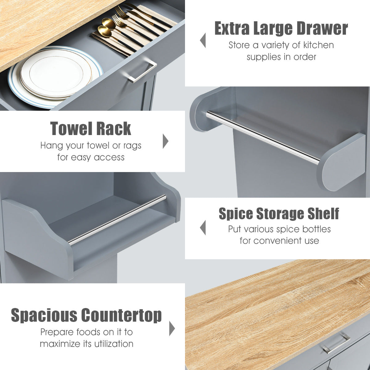 LIVSK Rollende Keukentrolley - Ruim Aanrechtblad - Verstelbare Plank - Handdoekrek - Zwenkwielen met Rem - 116 x 40 x 85 cm -