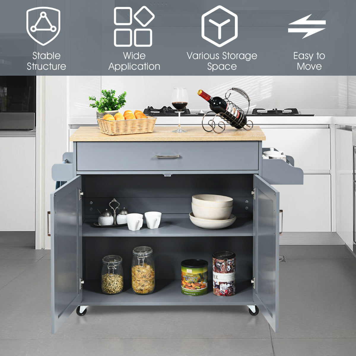 LIVSK Rollende Keukentrolley - Ruim Aanrechtblad - Verstelbare Plank - Handdoekrek - Zwenkwielen met Rem - 116 x 40 x 85 cm -