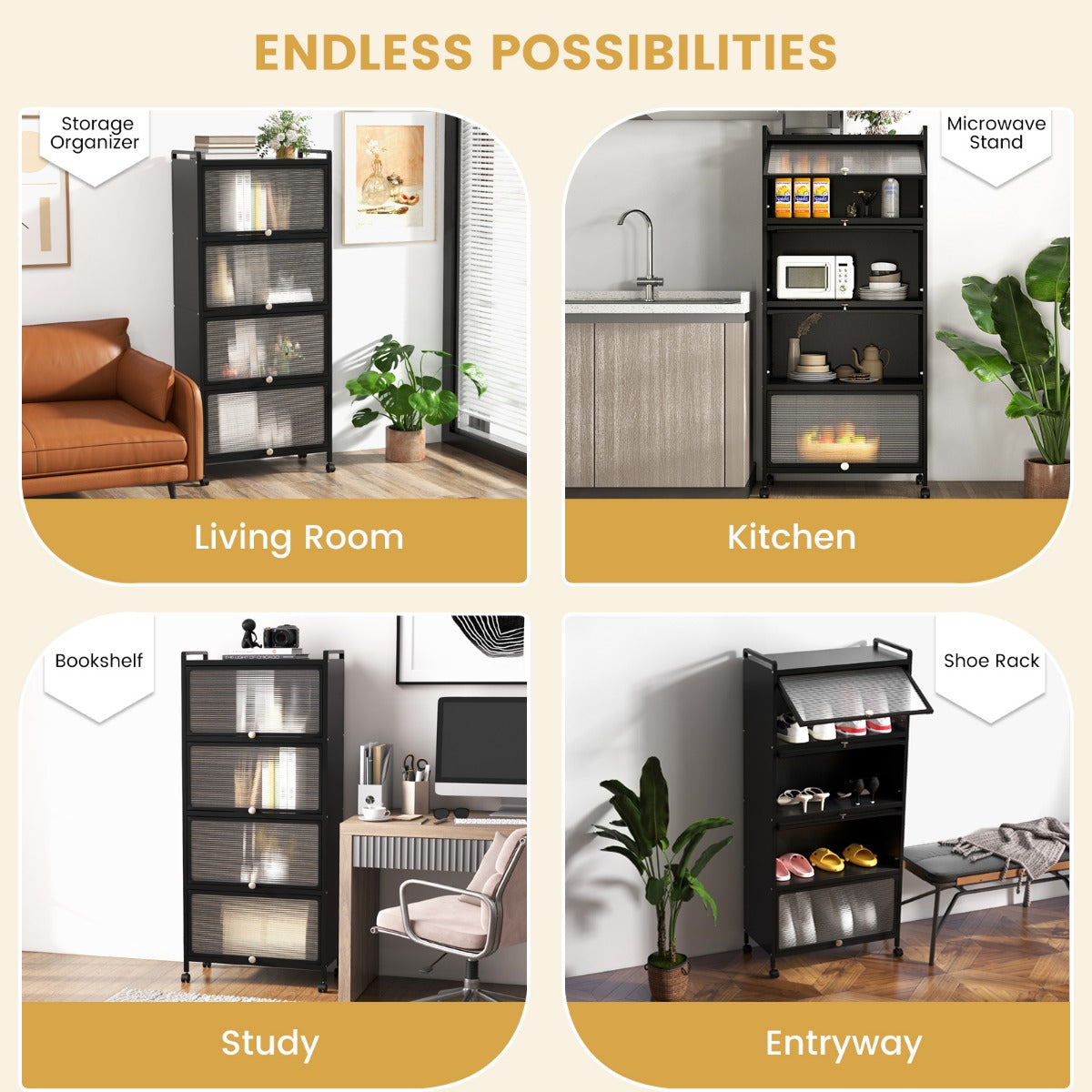 LIVSK Rollende Magnetronstandaard - 5 Niveaus - Inklapbare Deuren - Metalen Frame - 75 kg - 60 x 32 x 154 cm - Zwart