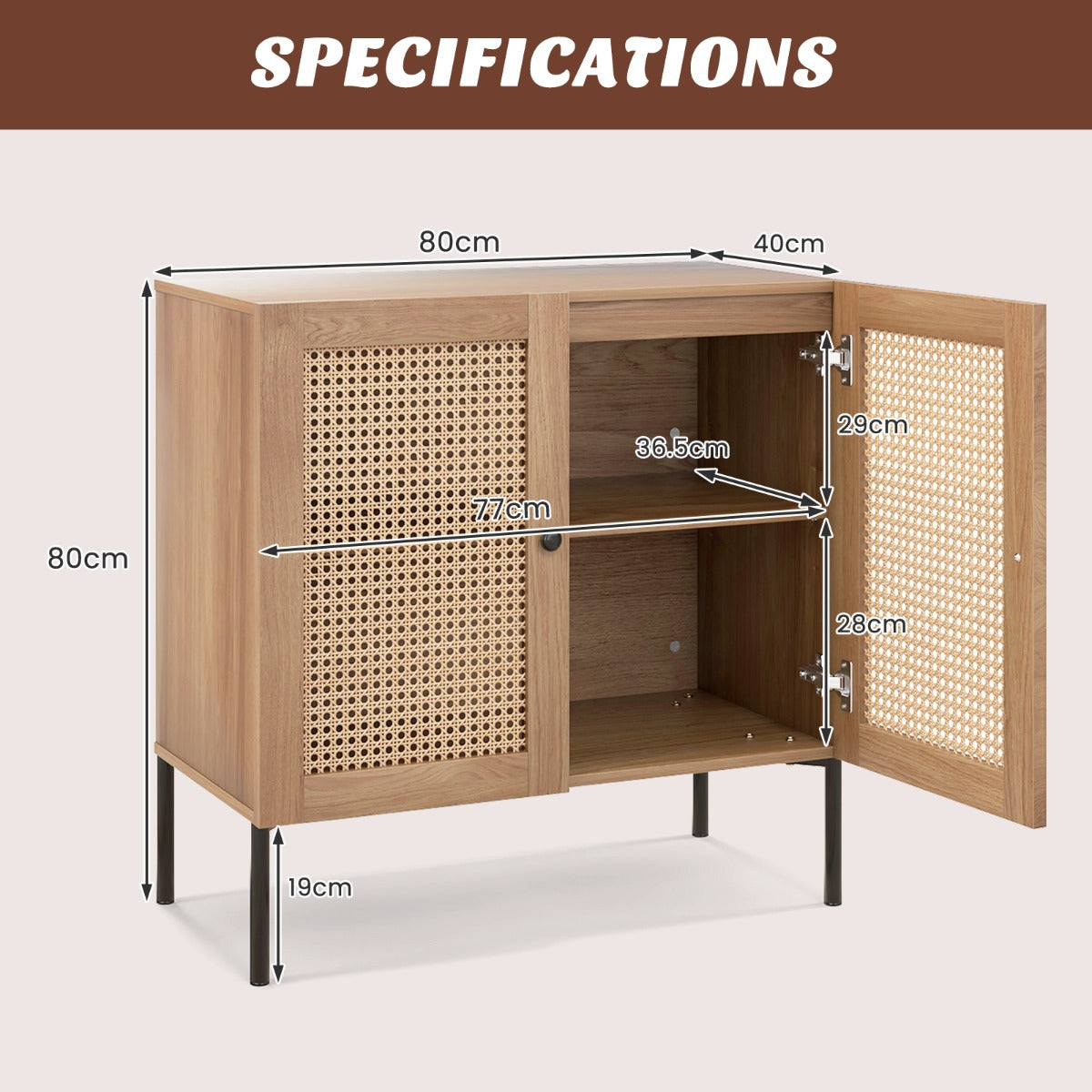 LIVSK Buffetkast met Verstelbare Planken - Rotan Deuren - Ruim Blad - Voor Keuken of Dressoir - 80 x 40 x 80 cm - Eik