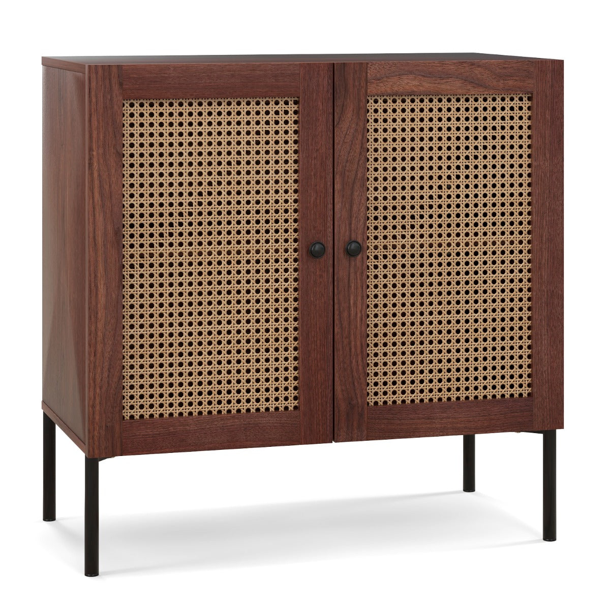 LIVSK Buffetkast - Verstelbare Planken - Rotan Deuren - Stevige Metalen Constructie - 80 x 40 x 80 cm - Walnoot