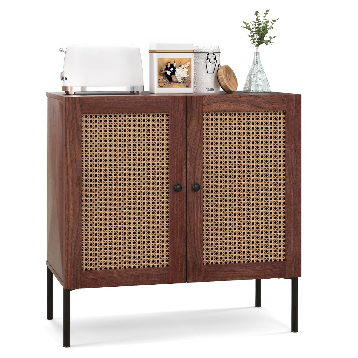 LIVSK Buffetkast - Verstelbare Planken - Rotan Deuren - Stevige Metalen Constructie - 80 x 40 x 80 cm - Walnoot