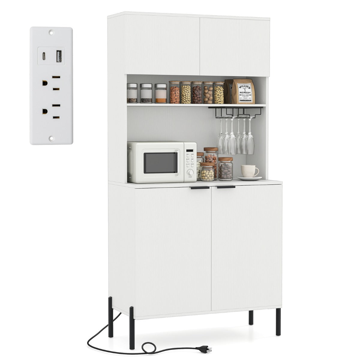 Livsk costway keukenkast met oplaadstation buffetkast met deuren verstelbare plank kast voor eetkamer en woonkamer wit