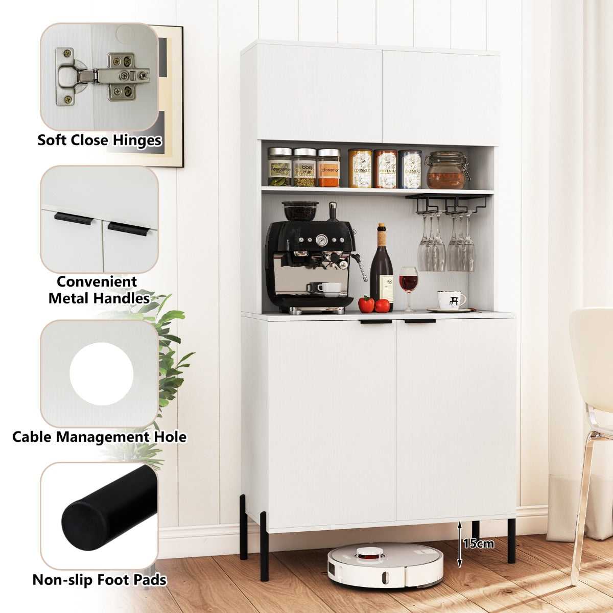 Livsk costway keukenkast met oplaadstation buffetkast met deuren verstelbare plank kast voor eetkamer en woonkamer wit 6