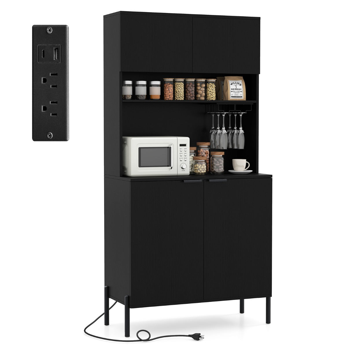 Livsk costway keukenkast met oplaadstation buffetkast met deuren verstelbare plank kast voor eetkamer en woonkamer zwart