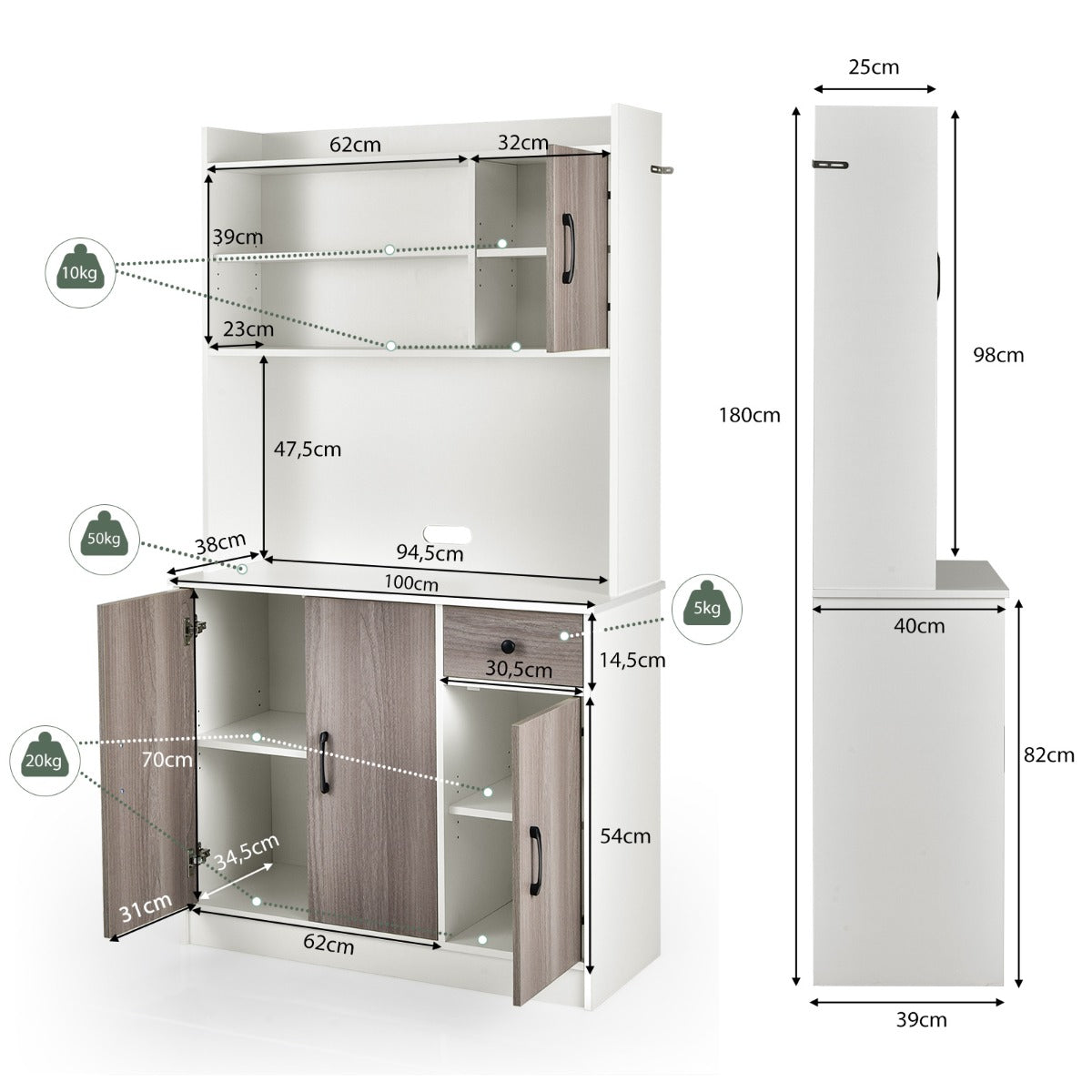 LIVSK Keukenkast met Oplaadstation - 9 Planken en Ruim Werkblad - Verstelbare Planken - Modern Design - 100 x 40 x 180 cm - Wit +