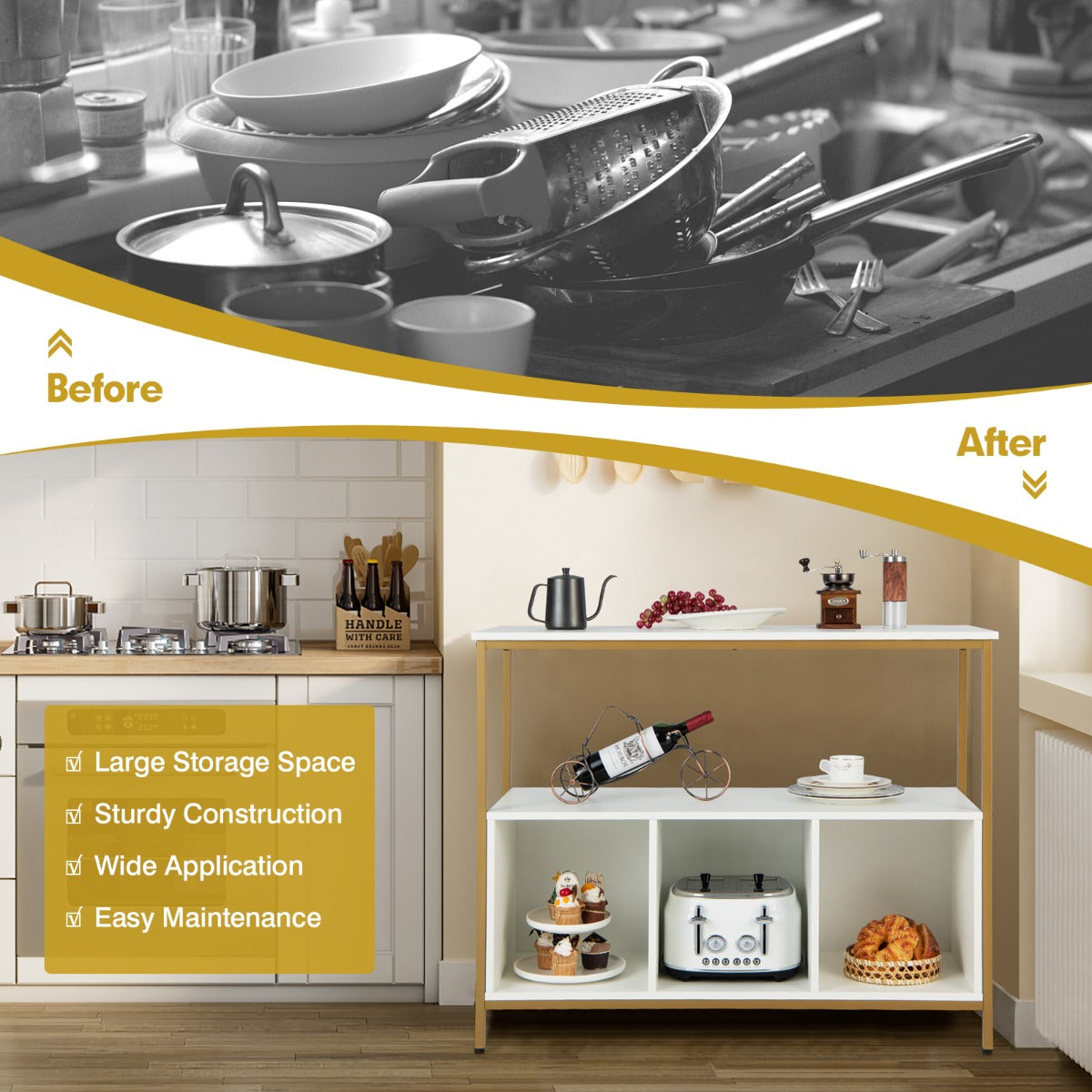 LIVSK Buffetkast - Robuust Metaal en Hout - Veelzijdig en Ruimtebesparend - Totale Afmetingen 110 x 42,5 x 88 cm - Wit