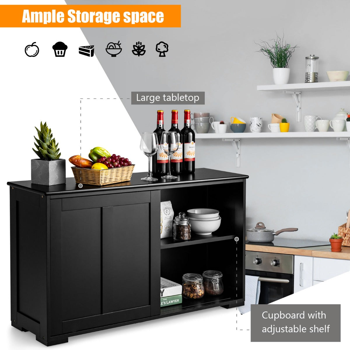 LIVSK Keukenbuffet met Schuifdeuren - Ruime Opbergruimte - Verstelbare Planken - Hoogwaardig MDF - 107 x 33 x 60 cm - Zwart