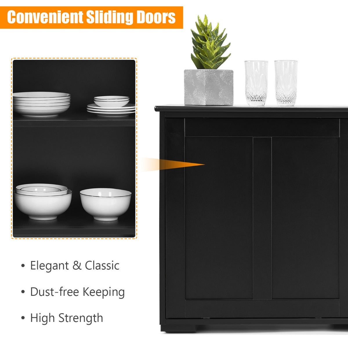 LIVSK Keukenbuffet met Schuifdeuren - Ruime Opbergruimte - Verstelbare Planken - Hoogwaardig MDF - 107 x 33 x 60 cm - Zwart