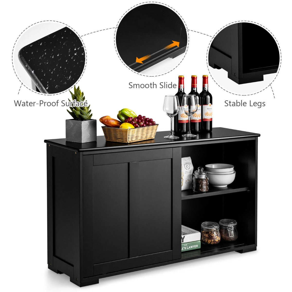 LIVSK Keukenbuffet met Schuifdeuren - Ruime Opbergruimte - Verstelbare Planken - Hoogwaardig MDF - 107 x 33 x 60 cm - Zwart