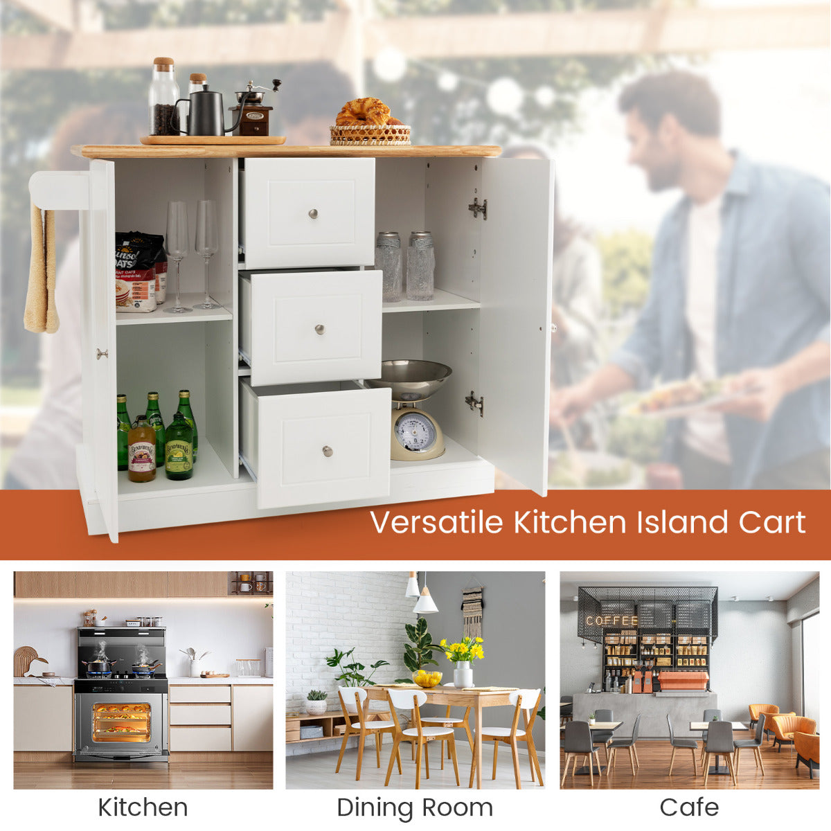 Livsk costway keukenkast van hout keukeneiland met 5 verborgen wielen keukentrolley met werkblad en handdoekhouder en 3 laden wit 6