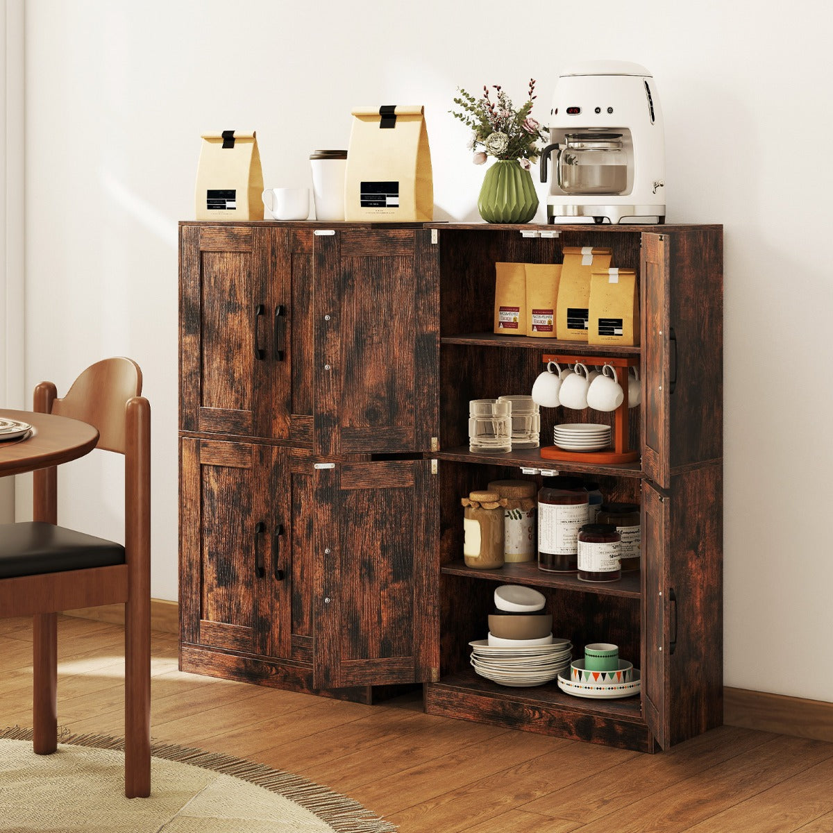 Livsk costway keukenkasten in hout vierdeurs dressoir met verstelbare planken staande opbergkast met kantelbeveiliging bruin 6