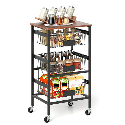 LIVSK Mobiele Opbergwagen met Houten Blad - 3 Uittrekbare Manden met Krijtlabels - Universele Wielen - Voor Keuken en Woonkamer -
