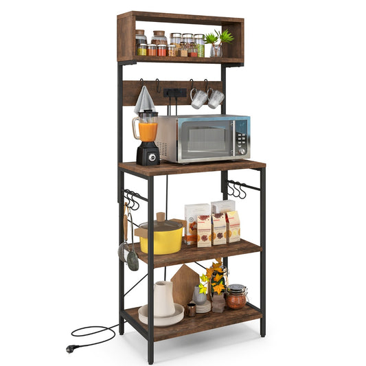 LIVSK Keukenrek met Stopcontacten - 4 Open Planken - 10 Afneembare Haken - Duurzaam Metalen Frame - 60 x 42 x 153 cm - Rustiek