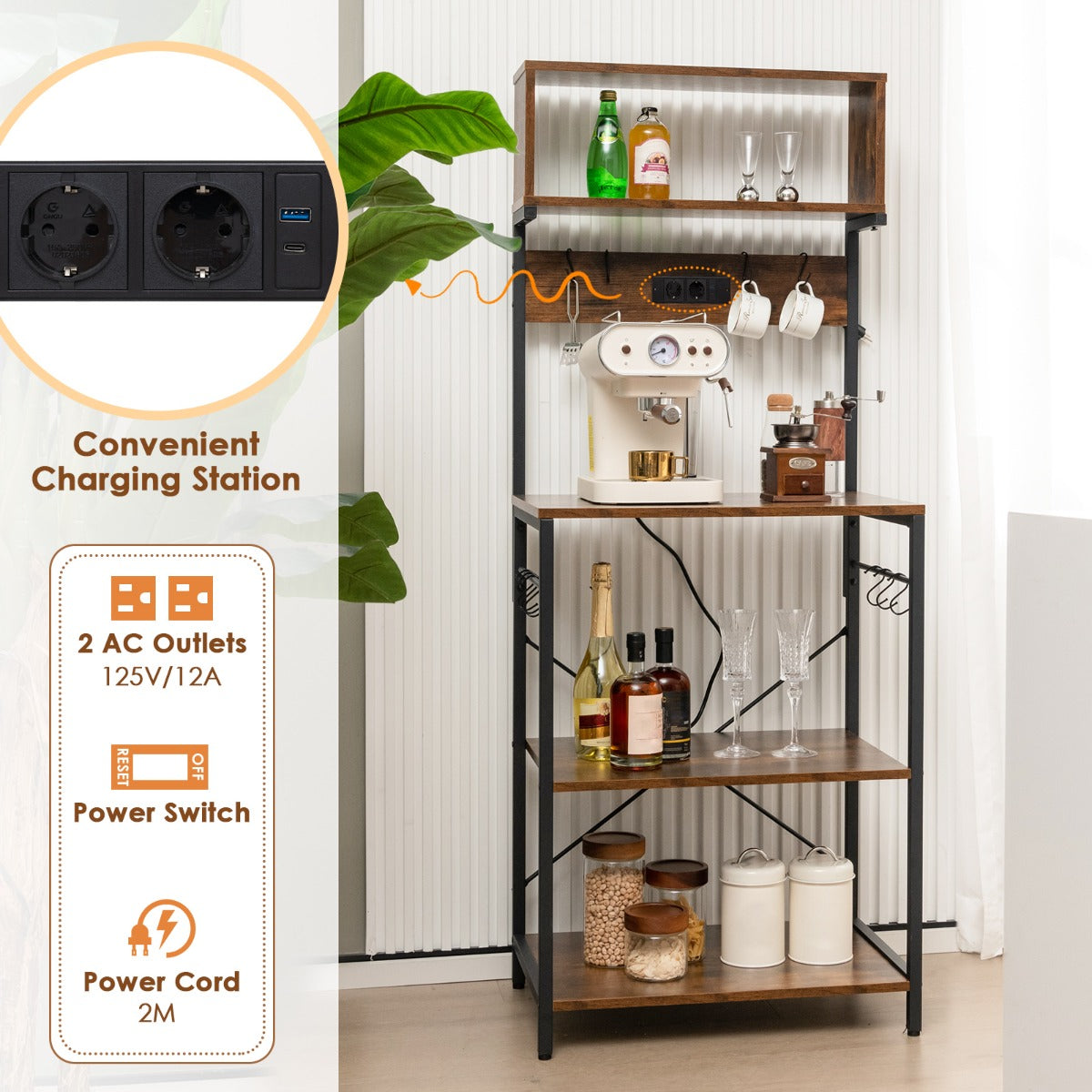 LIVSK Keukenrek met Stopcontacten - 4 Open Planken - 10 Afneembare Haken - Duurzaam Metalen Frame - 60 x 42 x 153 cm - Rustiek