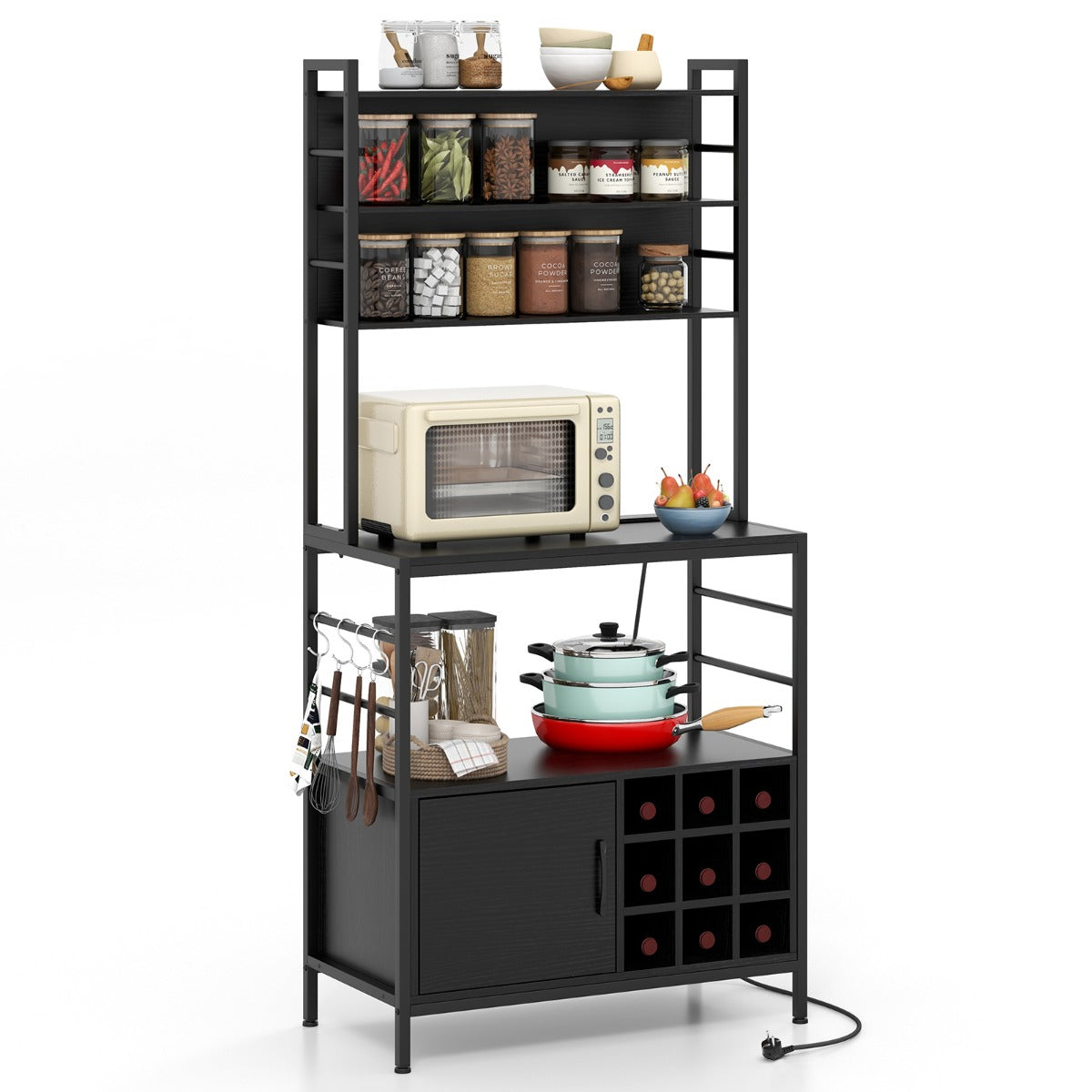 LIVSK Keukenplank met Stopcontacten en Opbergruimte - Robuust Metalen Frame - Haken en Flessenhouders - 80 x 40 x 170 cm -