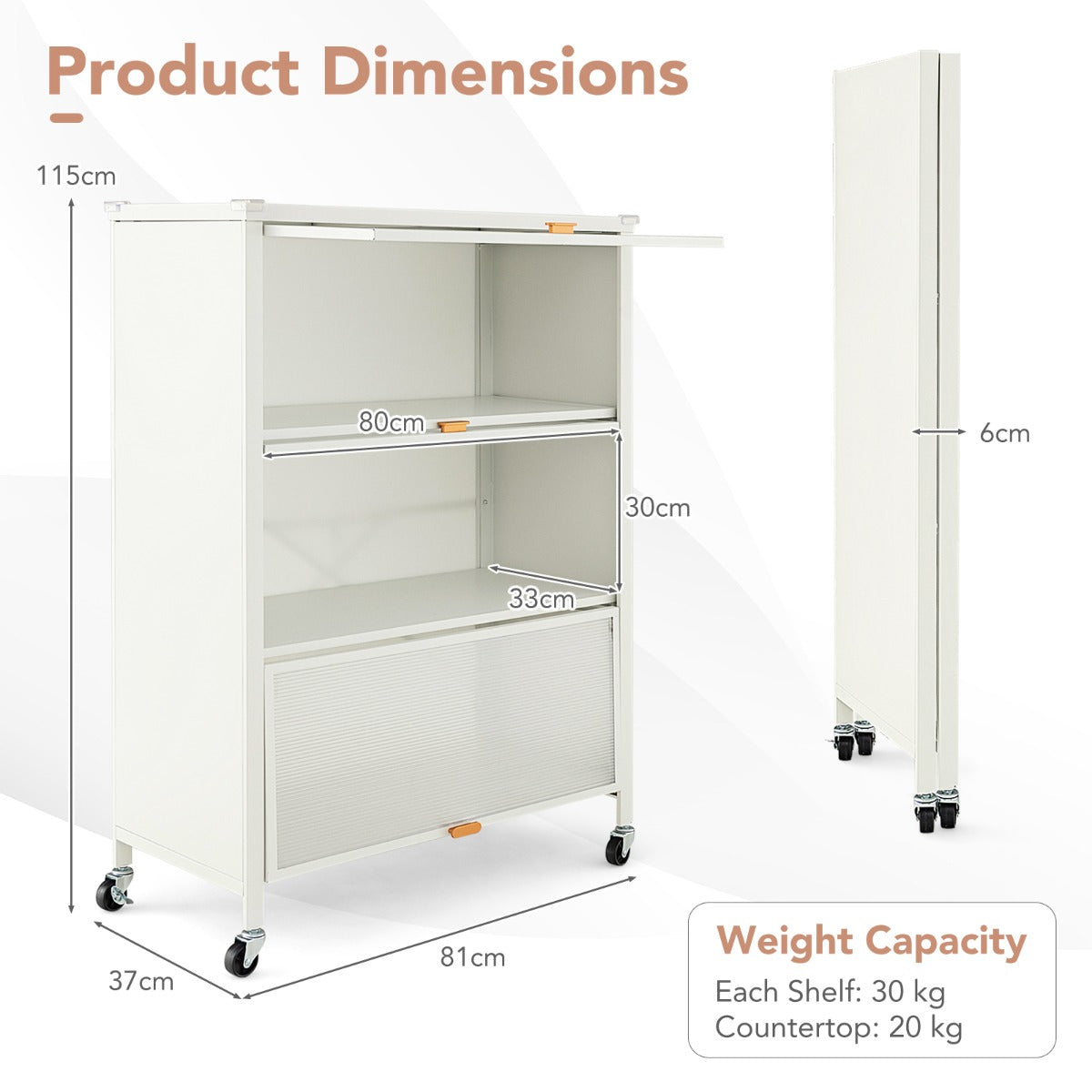 LIVSK Keukenplank met Vouwdeuren - 4 Niveaus - Roestbestendig Metaal - Vergrendelbare Wielen - 81 x 37 x 115 cm - Wit
