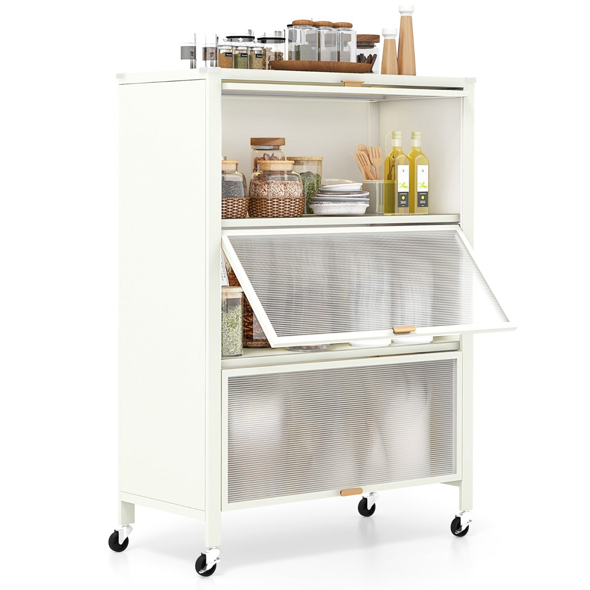 LIVSK Keukenplank met Vouwdeuren - 4 Niveaus - Roestbestendig Metaal - Vergrendelbare Wielen - 81 x 37 x 115 cm - Wit