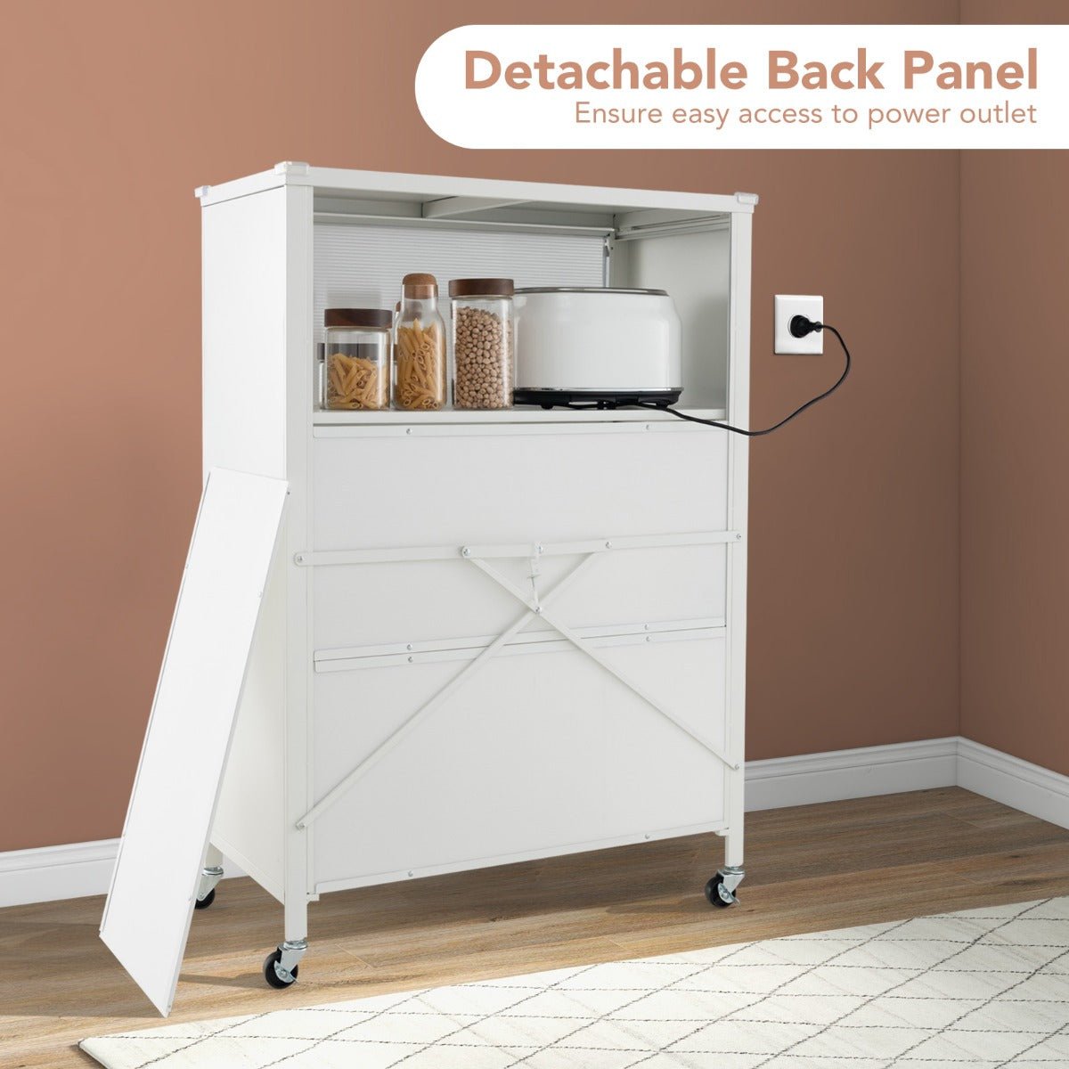 LIVSK Keukenplank met Vouwdeuren - 4 Niveaus - Roestbestendig Metaal - Vergrendelbare Wielen - 81 x 37 x 115 cm - Wit