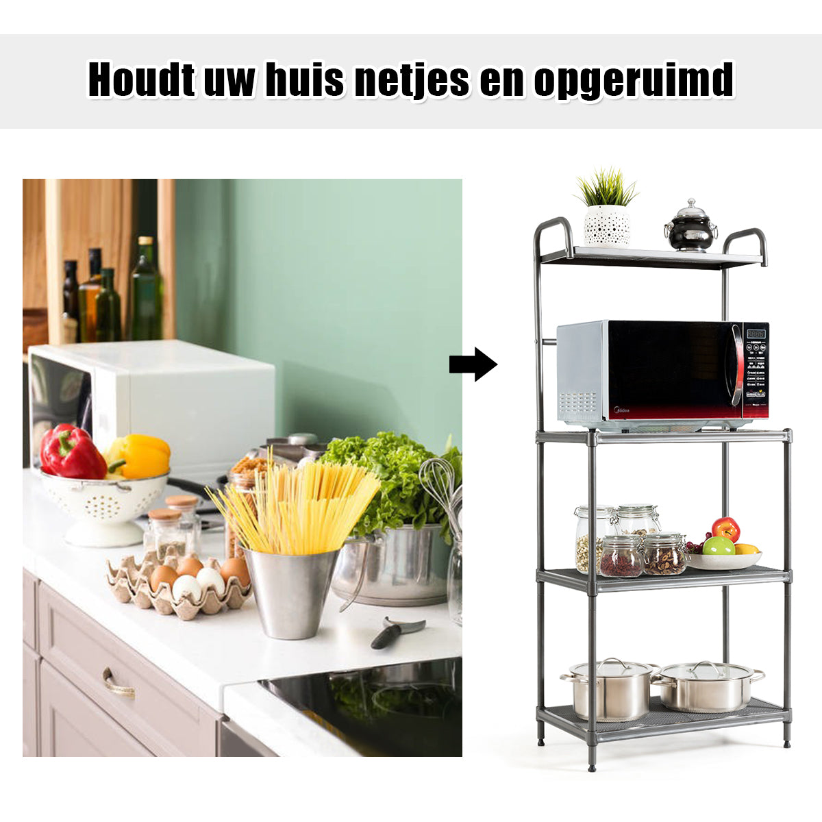 LIVSK multifunctionele opbergplank - 4 niveaus - 25 kg per niveau - Roestbestendig - Verstelbare poten - 60 x 34,5 x 136 cm -