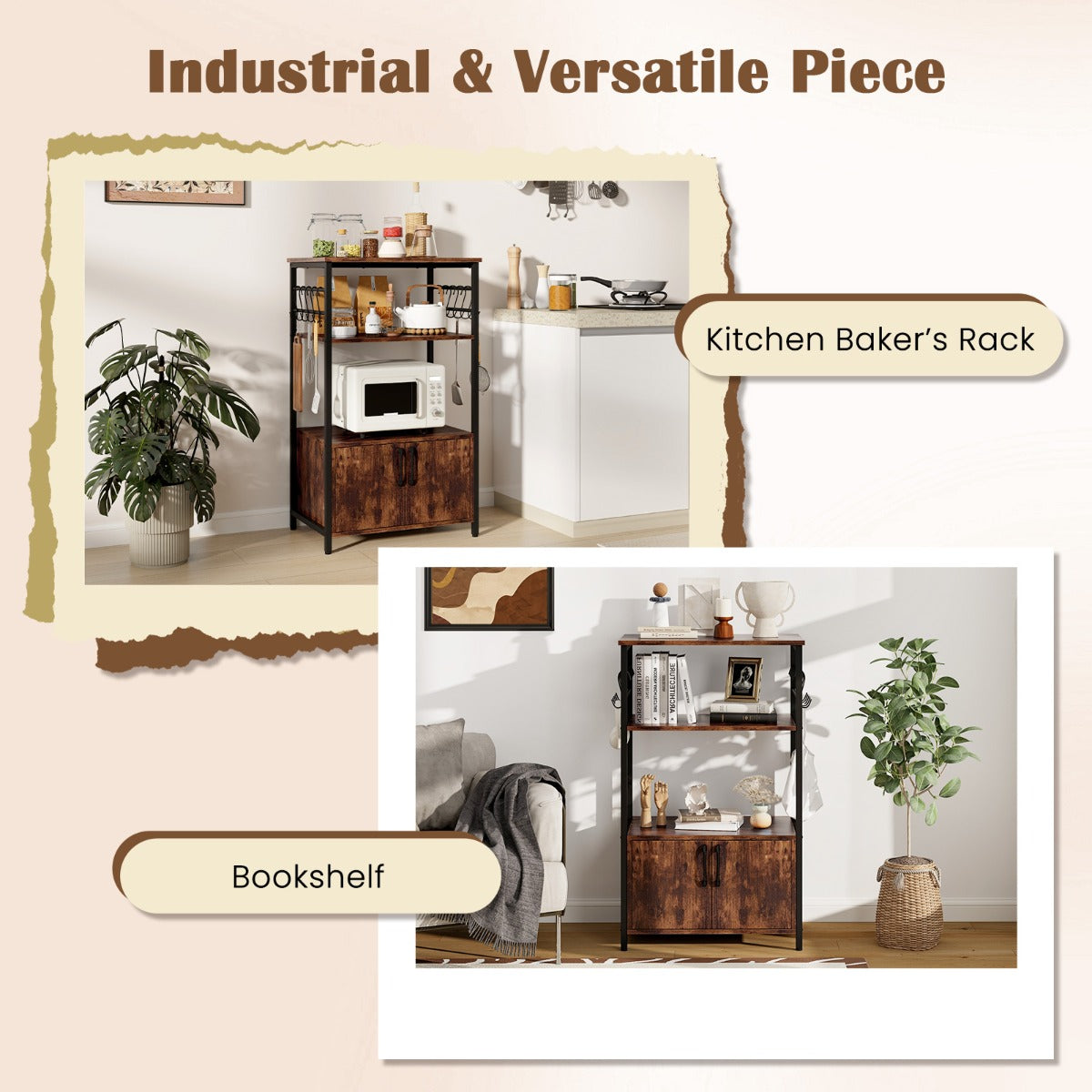 LIVSK Keukenblok met Open Schappen - 2 Ruime Planken - Grote Kast - 10 'S'-haken - Stevig Gelamineerd Hout - Bruin
